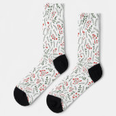 Chaussette Ferme campagne rouge blanc vert feuillage motif (Gauche)