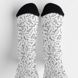 Chaussette Ferme gris foncé blanc rustique feuillage motif