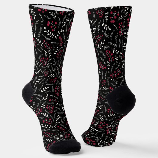 Chaussette Ferme noir rouge blanc rustique feuillage motif (Angulaire)