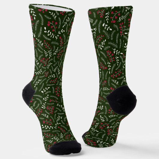 Chaussette Ferme vert foncé rouge rustique feuillage motif (Angulaire)