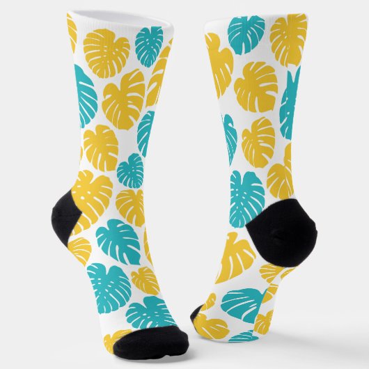 Chaussette Feuilles Monstera en Turquoise, Jaune et Blanc (Angulaire)