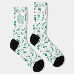 Chaussette Feuilles verts et baies rouges Motif de Noël blanc