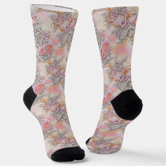 Chaussette Fille 3-D motif argent et roses roses rose (Angulaire)