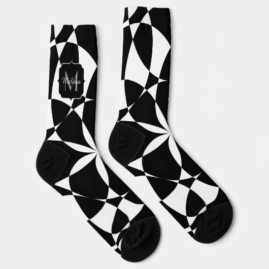 Chaussette Fleur blanche noire mandala mosaïque rétro Monogra (Droite)
