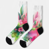 Chaussette Fleur botanique aquarelle rose vert (Gauche)