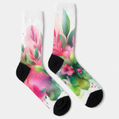 Chaussette Fleur botanique aquarelle rose vert (Droite)