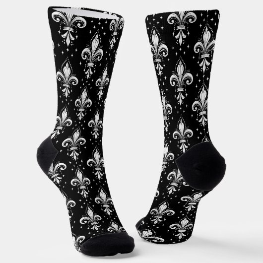 Chaussette Fleur de lis blanc et noir motif sans soudure (Angulaire)