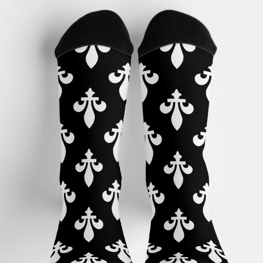 Chaussette Fleur de Lis Motif, Royal French, Blanc sur Noir (Haut)