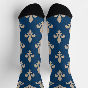 Chaussette Fleur de Lis Motif, Royal French, Crème sur Blue
