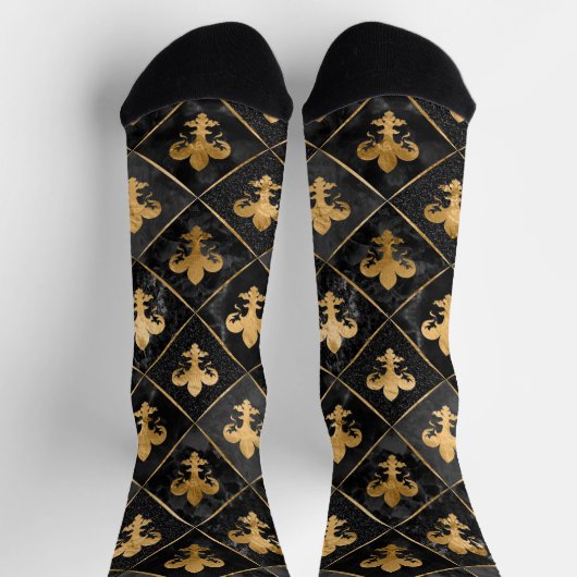 Chaussette Fleur de lis pattern Black Marble and Gold (Haut)