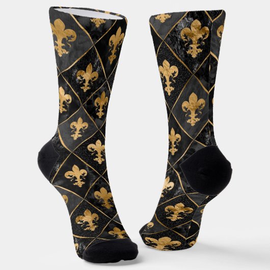 Chaussette Fleur de lis pattern Black Marble and Gold (Angulaire)