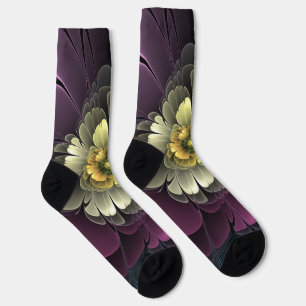 Chaussette Fleur fractale grise pourpre moderne abstraite