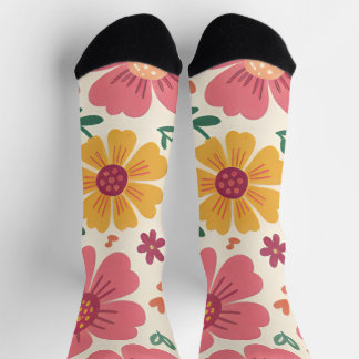 Chaussette Fleur Retro Épanouie au Soleil & Motif de Cœurs