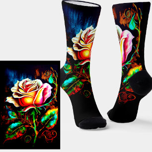 Chaussette Fleur Rose Imaginaire brillant sur noir