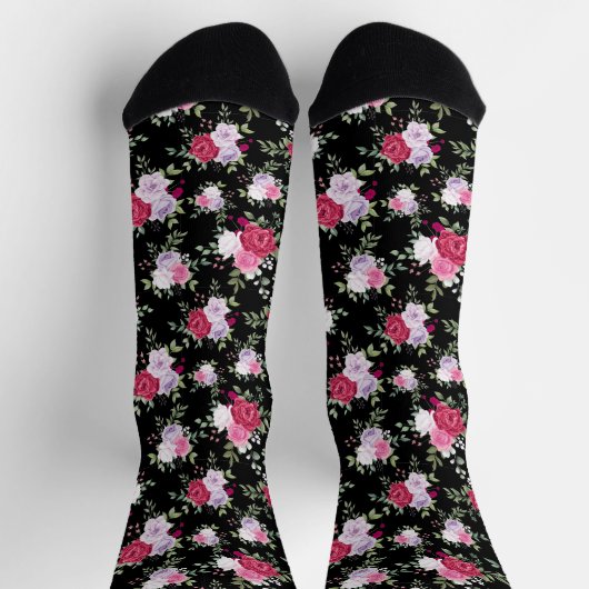 Chaussette Fleur rouge et rose chic sur noir élégant (Haut)