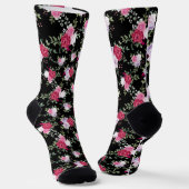Chaussette Fleur rouge et rose chic sur noir élégant (Angulaire)