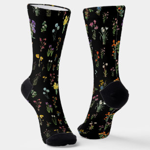 Chaussette Fleur Sauvage Aquarelle Botanique Florale Noire