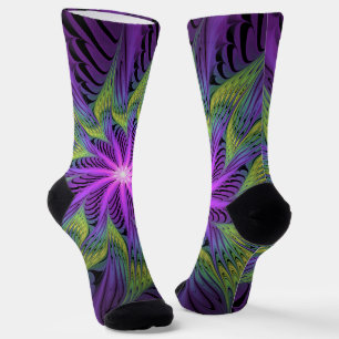 Chaussette Fleur verte violette Art abstrait fractal moderne