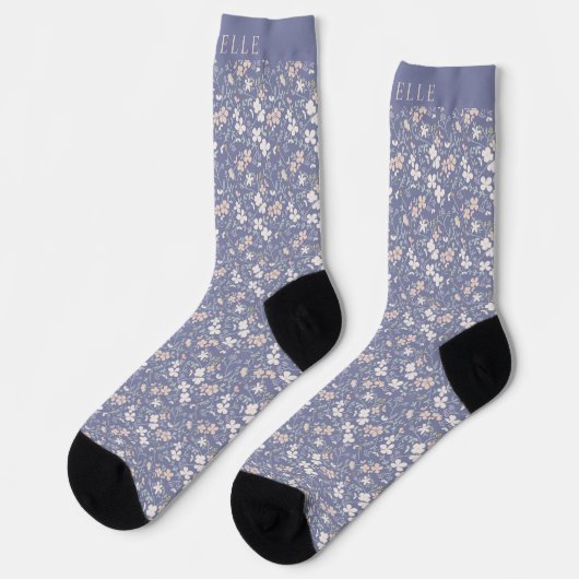 Chaussette Fleurs blanches couleur bleu violet (Gauche)
