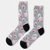 Chaussette Fleurs blanches et roses sur gris. (Gauche)
