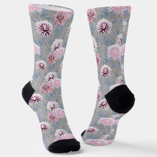 Chaussette Fleurs blanches et roses sur gris. (Angulaire)