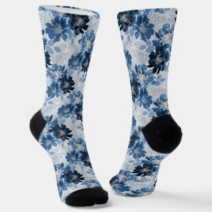Chaussette Fleurs bleu clair, bleu foncé sur gris clair