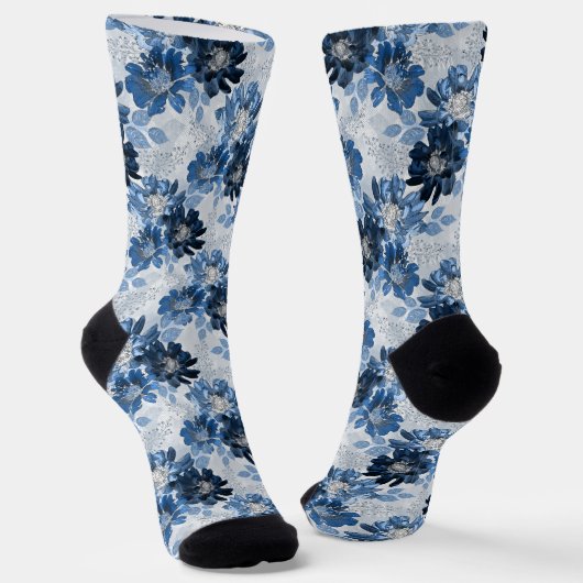 Chaussette Fleurs bleu clair, bleu foncé sur gris clair (Angulaire)