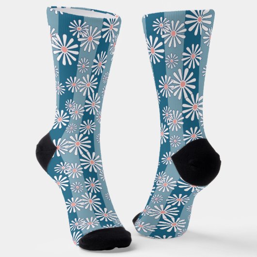 Chaussette Fleurs de camomille blanches sur fond bleu rayé (Angulaire)