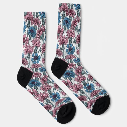 Chaussette Fleurs de maïs rose et bleu sur blanc (Droite)