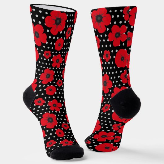 Chaussette Fleurs de pavot rouge sur les points noirs et blan (Angulaire)