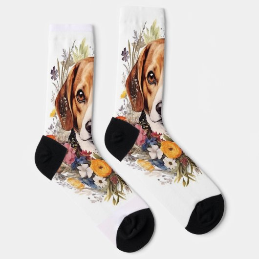 Chaussette Fleurs de Portrait beagles blanches (Droite)