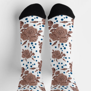 Chaussette Fleurs de rose beige marron sur fond à pois