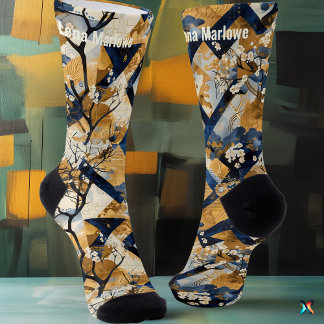 Chaussette Fleurs Élégantes et Patchwork Bleu – Personnalisé