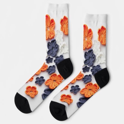 Chaussette Fleurs en tissu cousu à la main printemps orange b (Gauche)