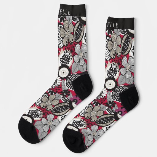 Chaussette Fleurs florales blanches blanches rouges (Gauche)