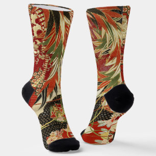 Chaussette FLEURS JAPONAISES ANTIQUES Rouge Vert Noir Floral