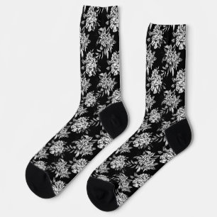 Chaussette Fleurs noires et blanches, motif botanique foncé