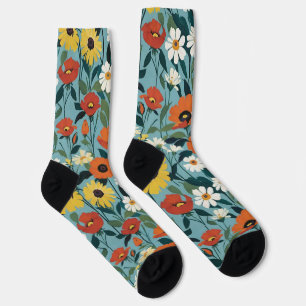 Chaussette Fleurs Orangées Jaunes Et Blanches Sur Bleu De Mer
