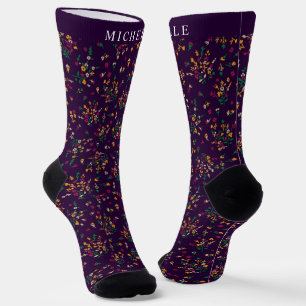 Chaussette Fleurs Personnalisées Violettes Florales Vertes Ja