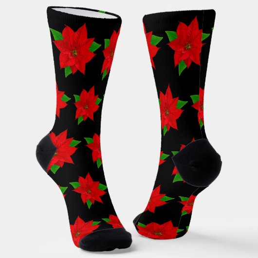 Chaussette Fleurs Poinsettia de Noël en noir (Angulaire)