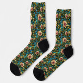 Chaussette Fleurs rose 3D Feuilles verts sur bleu (Gauche)