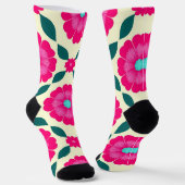 Chaussette Fleurs roses avec centres bleus et feuilles vertes (Angulaire)