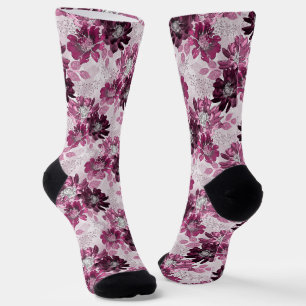 Chaussette Fleurs roses, bordeaux sur rose poussiéreux