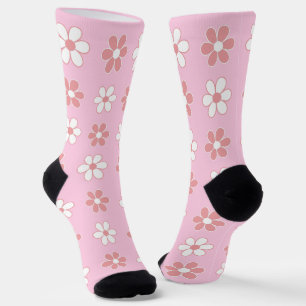 Chaussette Fleurs roses et blanches modernes sur fond rose cl