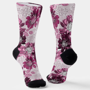 Chaussette Fleurs roses et bordeaux sur rose poussiéreux