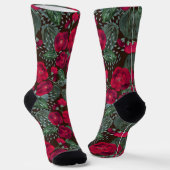 Chaussette Fleurs rouges, aquarelle motifs floraux. (Angulaire)