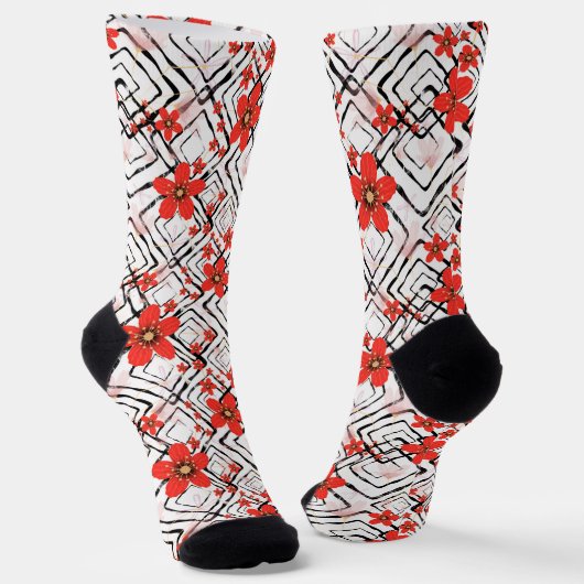 Chaussette Fleurs rouges sur un arrière - plan blanc et noir. (Angulaire)