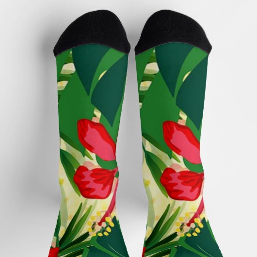 Chaussette Fleurs rouges tropicales et imprimés feuille (Haut)