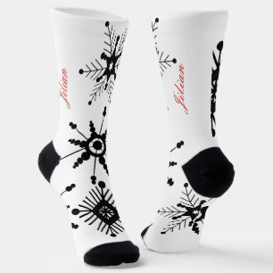Chaussette Flocons de Noël Noir Script Nom Rouge