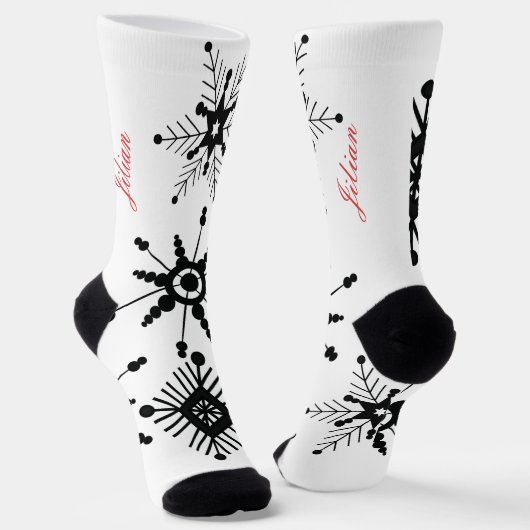 Chaussette Flocons de Noël Noir Script Nom Rouge (Angulaire)
